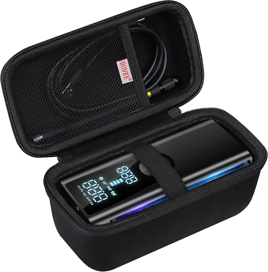 BOVKE Travel Case Compatible with Frarome Tire Inflator Portable Air Compressor, 150PSI Portable Air Pump for Car Tires Bike Pump Holder with Mesh Pocket for Charging Cables, Nozzles, Black+Black