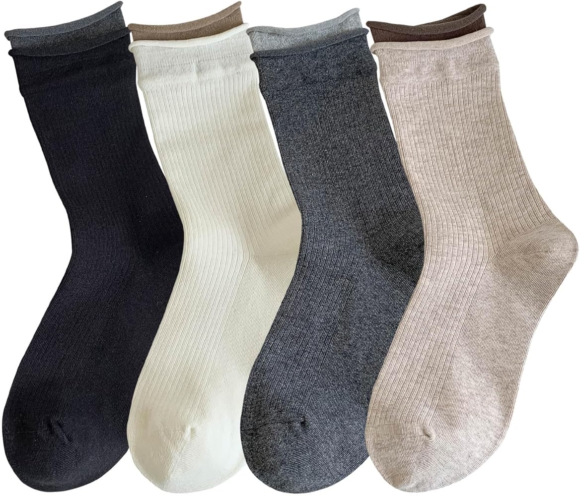 zrylibya Women Cute Roll Top Turn Cuff Slouch Ankle Socks Solid Color Block Casual Crew Socks 4 Pairs