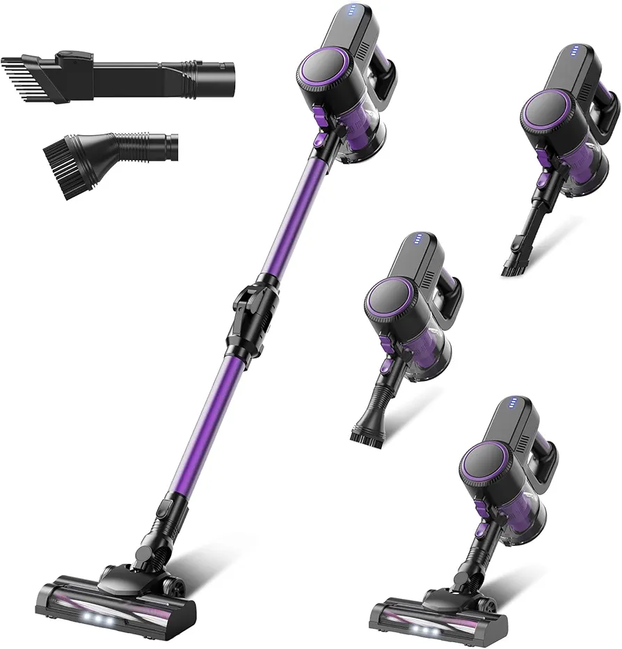 Cordless Vacuum Cleaner, Lightweight Cordless Stick Vacuum Cleaner with Bendable Wand Rechargeable Cordless Vacuum 2 Modes 6 in 1 Vacuum Cleaners for Home Hard Floor Car Carpet (Black & Purple)