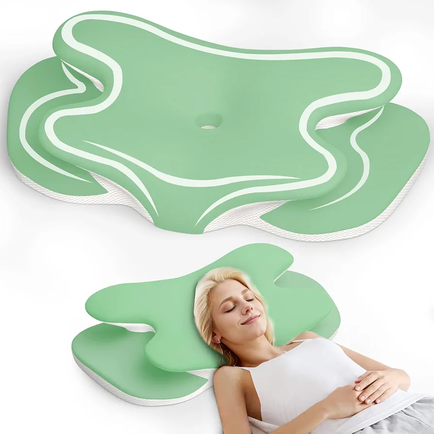Cervical Neck Pillow Memory Foam Pillows for Pain Relief, Ergonomic Pillow for Side Sleeping with Cooling Pillowcase, Contour Pillow for Side, Back & Stomach Sleepers with Adjustable Height(Green)