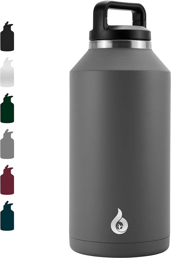BJPKPK Half Gallon Water Bottle Insulated, Dishwasher Safe 64 oz Water Bottle with Handle, Leakproof BPA Free Water Jug, Large Stainless Steel Water Bottle for Sports, Grey