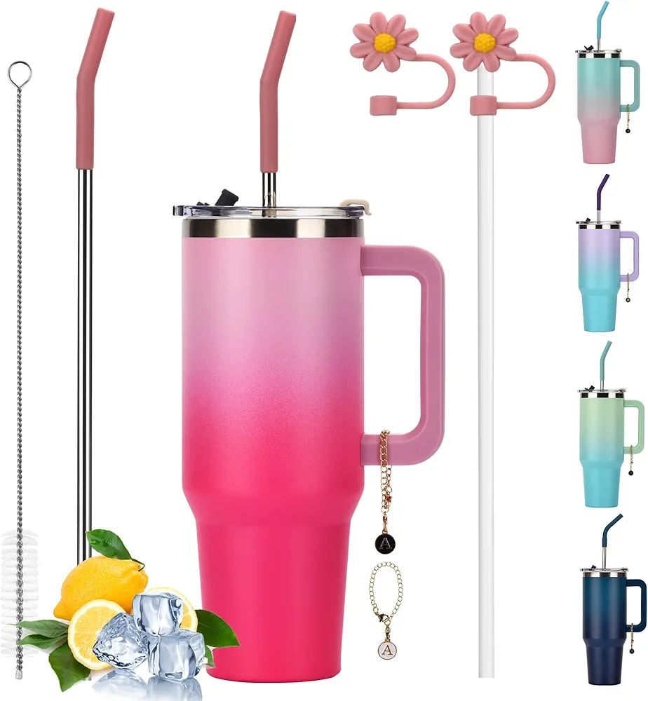 40oz Tumbler with Handle and 2-in-1 Straw Flip Lid,Double Wall Leak Proof Insulated Stainless Steel Travel Mug,Keeps Cold Hot for 24 Hours Beverage, Fits in Car Cup Holder(Pink/Red)