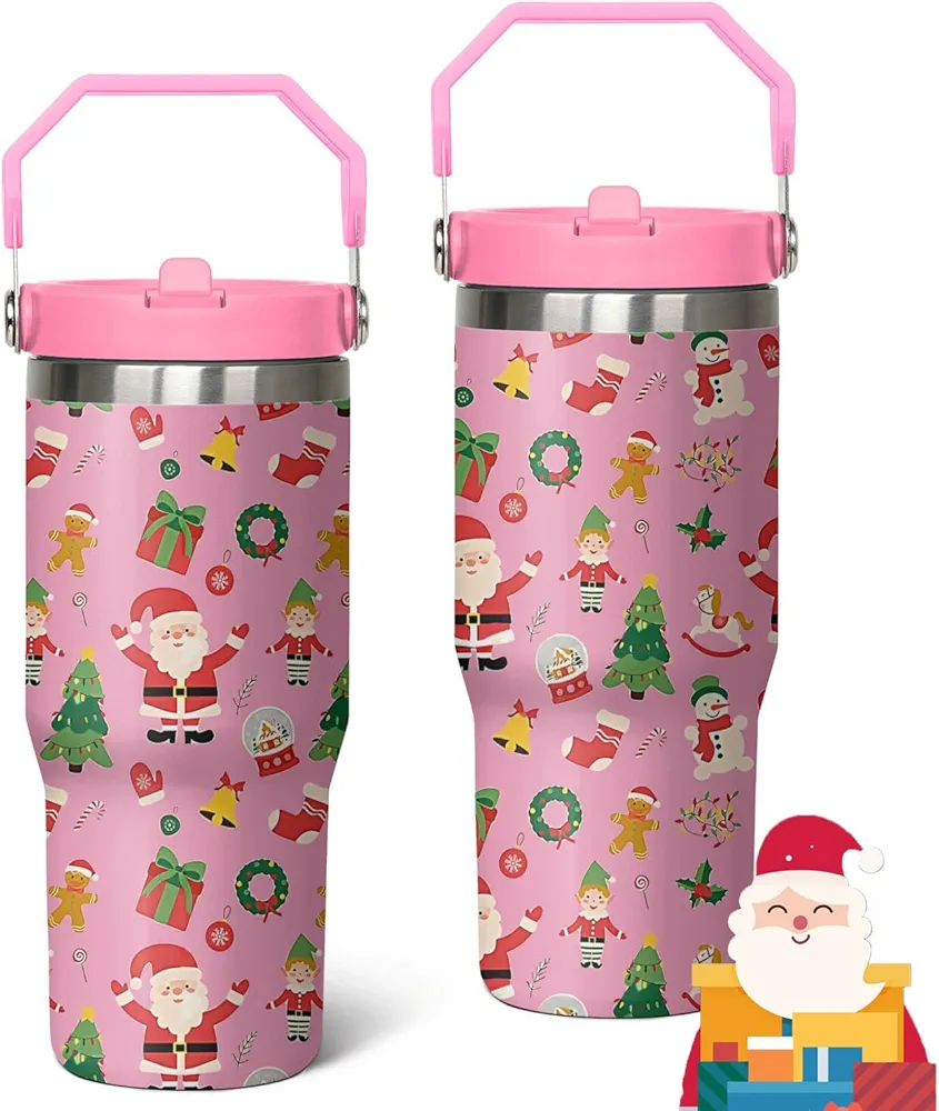 Christmas Tumbler with Handle and Flip Straw, 30oz Santa Claus Stainless Steel Insulated Cup, Xmas Eve Coffee Mug Water Bottle, Gifts for Women