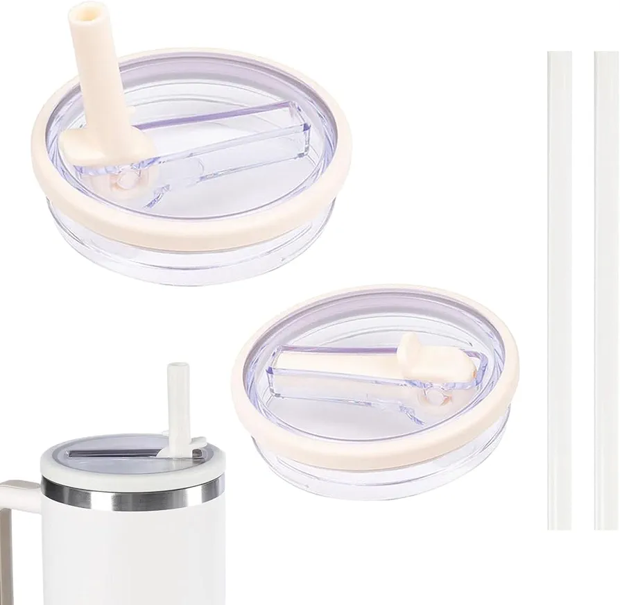 2 Pack 40 oz Tumbler Flip Straw Lid Compatible with Stanley Cup Quencher, Spill Proof Splash Resistant Tumbler Lids, Replacement Reusable Tumbler Cover (Ivory White)