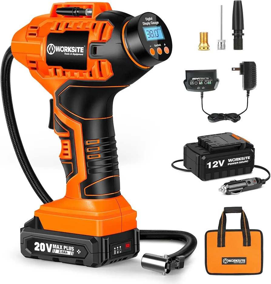 WORKSITE Cordless Tire Inflator Air Compressor, Battery Powered Car Tire Pump, Portable Handheld Air Pump with 12V Car Power Adapter Digital Pressure Gauge for Cars Motorcycles, Orange