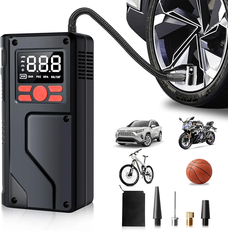 Tire Inflator Portable Air Compressor-150PSI Air Pump for Car Tires with Digital Pressure Gauge, 12V Rechargeable Battery, Emergency LED Light for Car Motorcycle Bike Ball