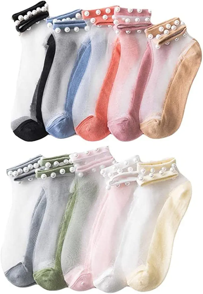 10 Pairs Crystal Tulle Pearl Summer Socks,Pearl Sheer Socks,Women Sheer Lace Elastic Ultra Thin Silk Stockings Short