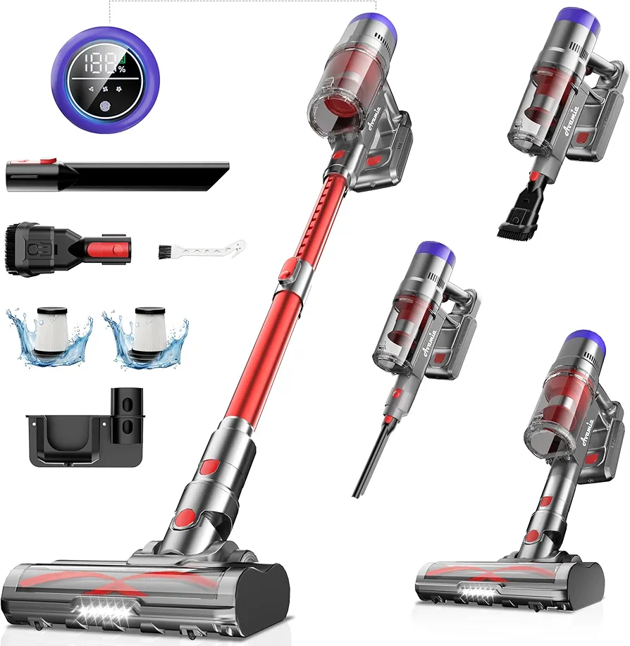 Cordless Stick Vacuum Cleaner, 55Mins Lightweight Vaccum with 250W Brushless Motor, LED Screen, Anti-Tangle Brush, Rechargeable Wireless Vacuum Cleaner for Home Pet Hair Carpet Hard Floor