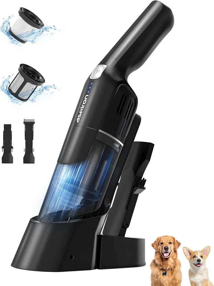 Aspiron Cordless Handheld Vacuum, 15KPA Powerful Car Vacuum, Rechargeable, Charging Dock, Ergonomic Handle, 2-in-1 Crevice Tool, 1.8lb Portable Handheld Vacuum with 2-Speed for Car, Home, Black