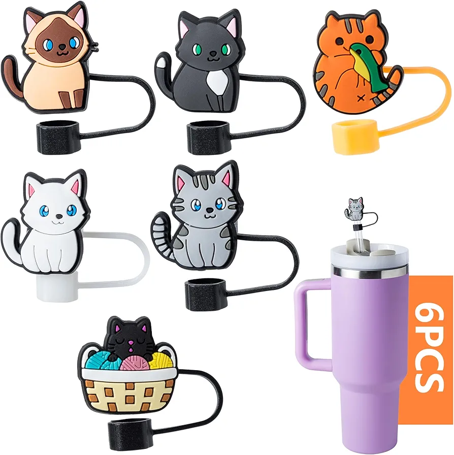6-Piece Cats Straw Covers for Stanley Cup, 0.4in/10mm Diameter Straw Toppers Cap,Compatible with Stanley 20 30&40 0z Cup, Dust-Proof Straw Caps for Water Bottle
