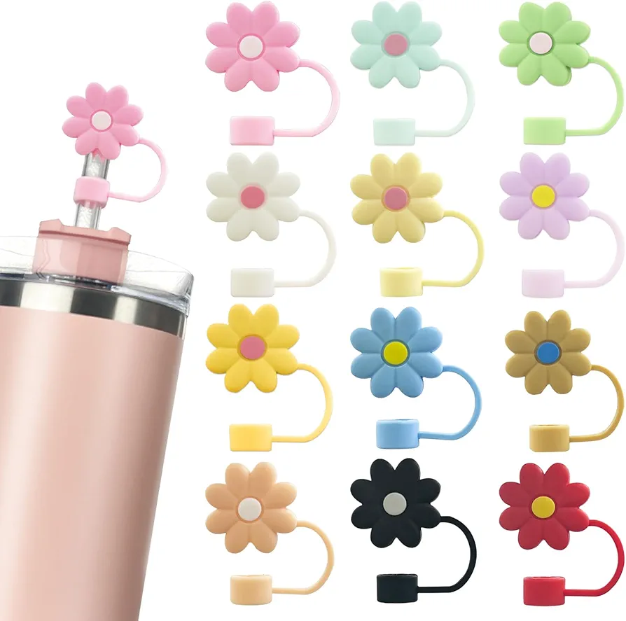 12PCS Silicone Straw Covers Cap Compatible with Stanley 30&40 Oz Cup, 10mm Cute Flower Straw Toppers for Tumblers, Dust-Proof Drinking Straw Caps for Reusable Straws Tips Lids