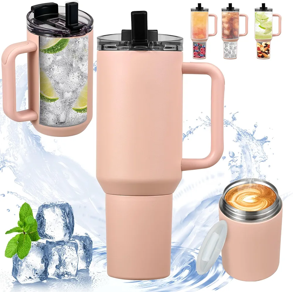 40oz Insulated Tumbler with 2-in-1 Lid and Straw, Bottom Detachable 2-in-1 Tumbler with Handle Stainless Steel Water Bottle Reusable Coffee Tumbler Travel Mug Wide Mouth Thermal Cup(Pink)