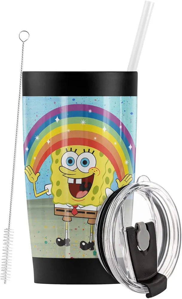 Logovision Spongebob Rainbow Stainless Steel Tumbler with Straw and Flip Lid 20 oz Travel Mug/Cup, Vacuum Insulated & Double Wall with Leakproof Dual Lid