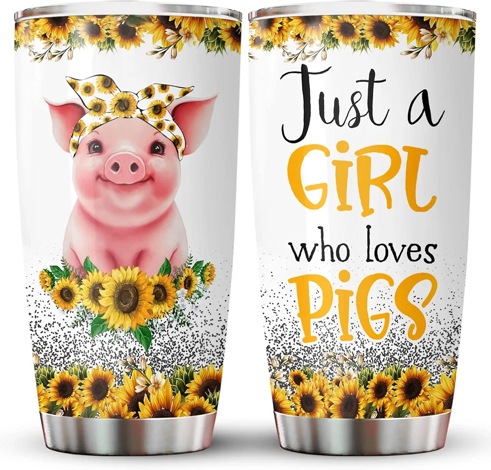 34HD Cute Pig Gifts for Pig Lovers, Pig Tumbler 20 Oz Stainless Steel with Lid, Funny Pink Pig Mug, Piggy Coffee Cup, Pig Christmas Gifts for Women and Friends
