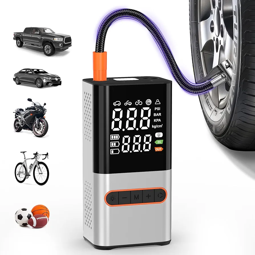 Tire Inflator Portable Air Compressor,150PSI,2X Faster, LCD Display, Tire Inflator with Pressure Gauge- LED Light Portable Air Pump for Car, Motorcycle, E-Bike, Ball