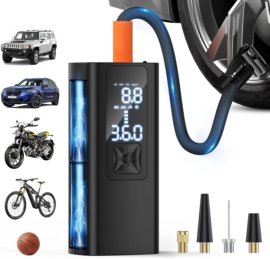 Tire Inflator Portable Air Compressor, 150 PSI 3X Faster Cordless Air Pump for Car Tires, 25000mAh Electric Bike Tire Pump for Car, Motorcycle, Bicycle, Ball, with Pressure Gauge, LED Light