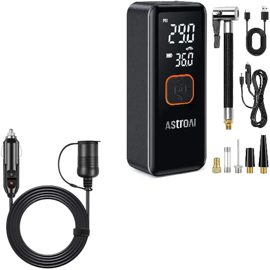 AstroAI Tire Inflator Portable Air Compressor and AstroAI 12Ft/12V Cigarette Lighter Extension Cord
