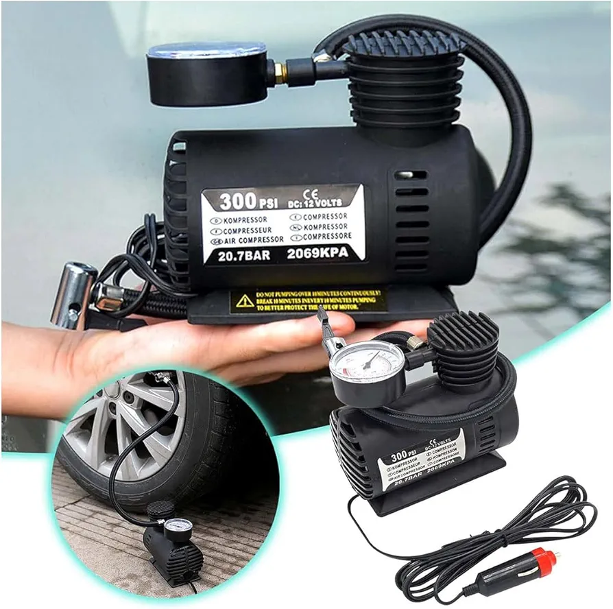 Tire Inflator Portable Air Compressor, Faster Inflation Cordless Air Compressor, Electric Air Pump for Car Tires with Mechanical Pressure Gauge Inflator for Car Tires, Black