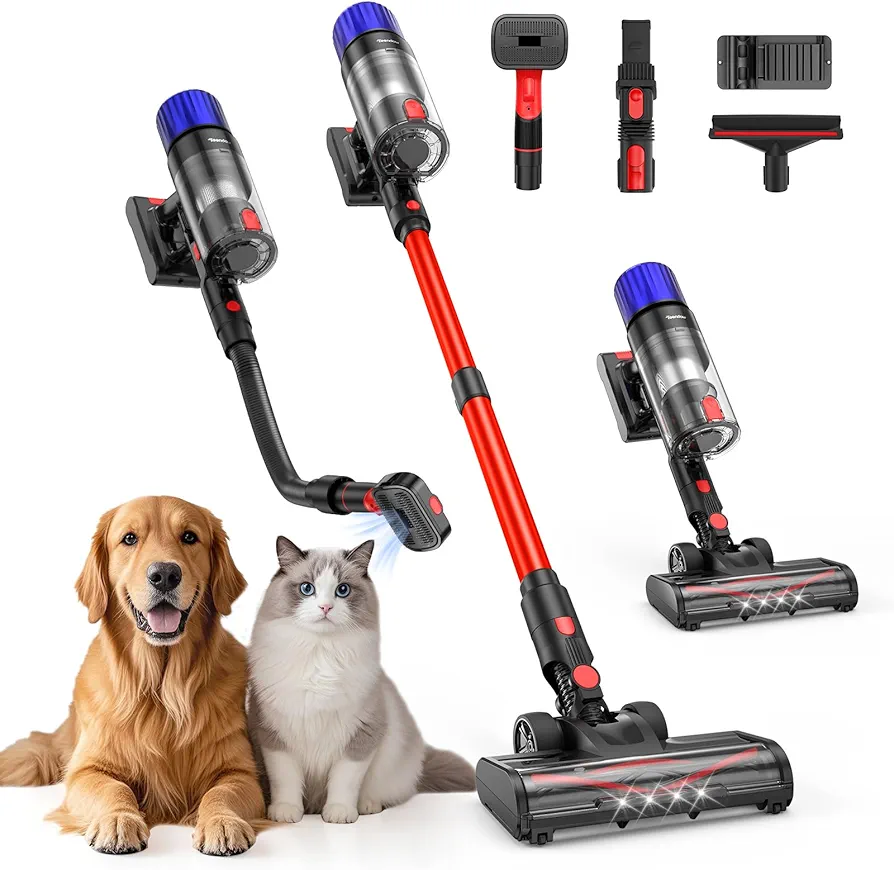 Cordless Vacuum Cleaner, 500W Stick Vac Specifically Handling Pet Hair Design, Up to 50 Minutes, Powerful Suction, Rechargeable, Lightweight for Carpet, Hard Floor, Red
