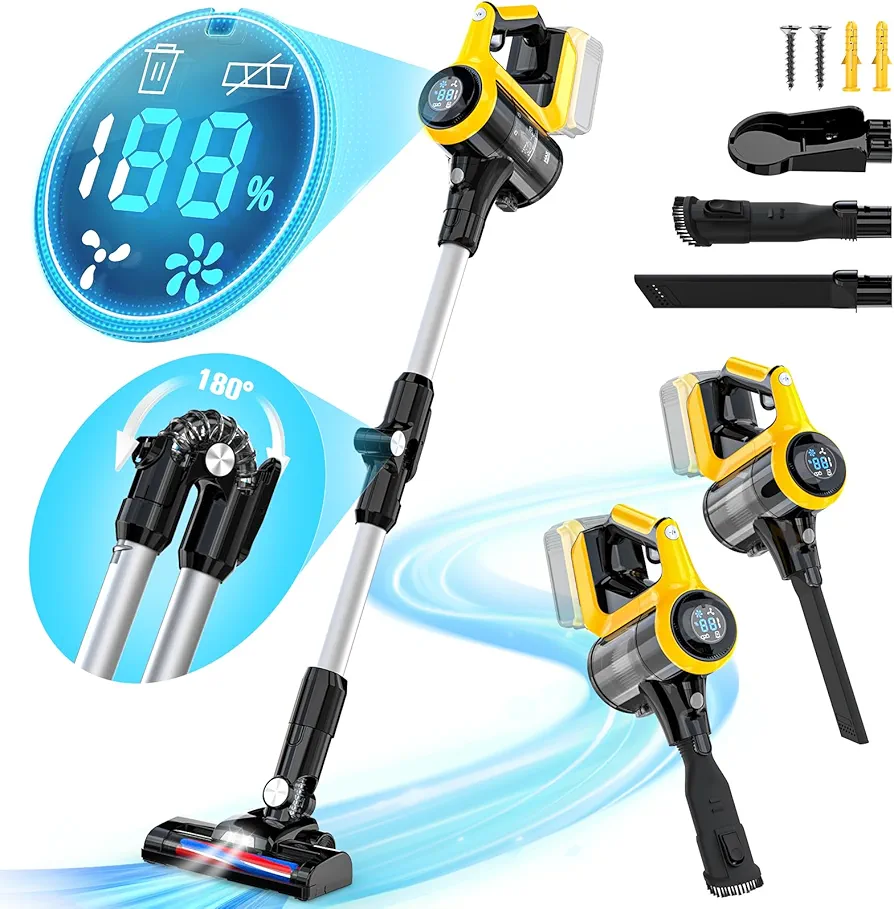 Cordless Vacuum Cleaner for DeWALT 20v Battery(No Battery), 350W 30KPA Stick Vacuum with LED Display, 2 Modes, 180° Bendable Wand, 6 in 1 Cordless Stick Vacuum Cleaner for Home Hard Floor Car Carpet