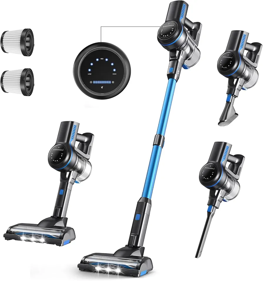 Cordless Vacuum Cleaner, 26Kpa Lightweight Cordless Vacuum, 265W Rechargeable Stick Vacuum with 2500m-Ah Battery, 45min Runtime Versatile Powerful Stick Vacuum for Pet Hair Hardfloor Carpet (Blue)