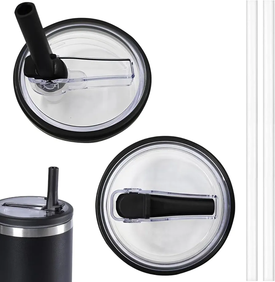 40 OZ Tumbler Lid Replacement for Stanley Quencher, 2 Pack Flip Straw Replacement Lids with 2 Straws for 40 OZ Tumbler, Spill Proof Tumbler Lids for Stanley Cup, Black