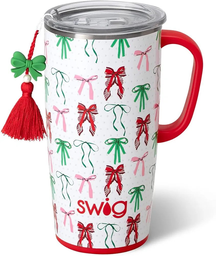 Swig Life 22oz Travel Mug, Insulated Tumbler with Handle and Lid, Travel Coffee Mug, Cup Holder Friendly Travel Mug, Stainless Steel 22 oz Tumbler, Reusable Insulated Tumbler (Ribbons and Bows)