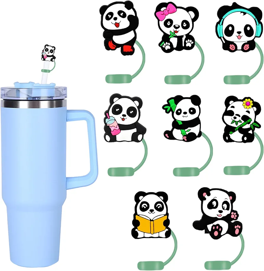 8PCS Panda Straw Covers, Reusable Silicone Protectors for Stanley 30&40 Oz Cups, 10mm Straws, Green