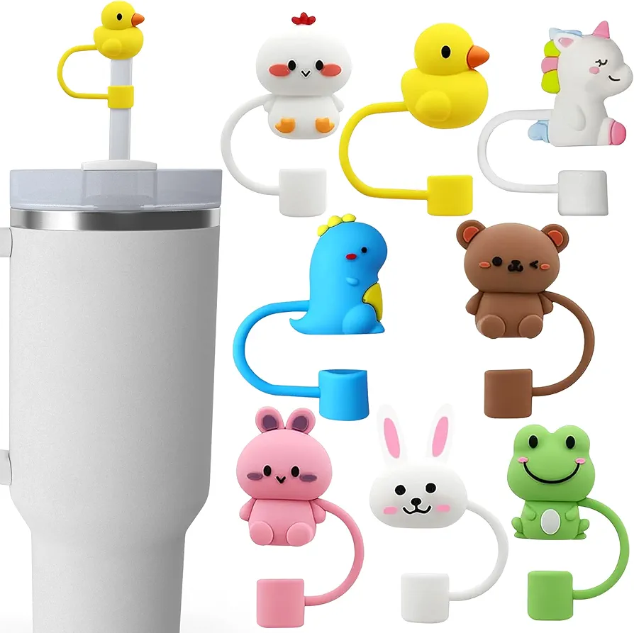8PCs Straw Topper for Stanley, Straw Covers Cap for 30 40 Oz Tumblers, Animal Straw Cover, Silicone Straw Topper, Fits 0.4 Inch/10 mm Stanley lid accessories