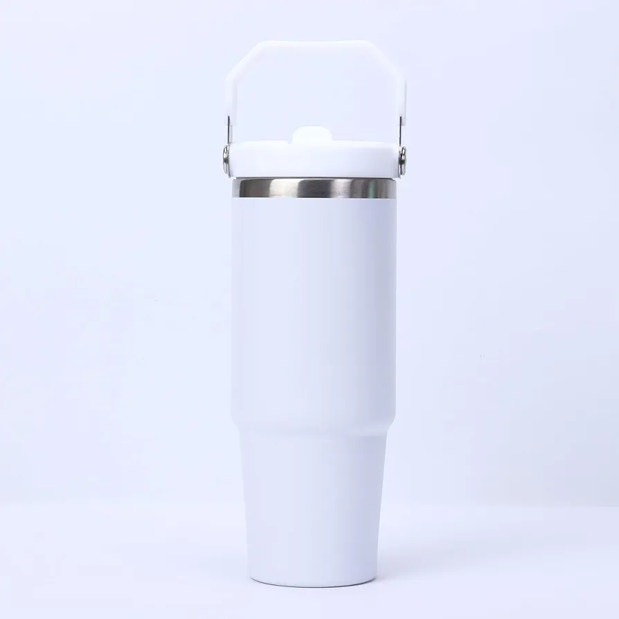 AgeSs 30 oz Stainless Steel Tumbler with Flip Straw & Handle, Insulated Double Walled Water Bottle for Home, Office, Car, Leak Proof, Reusable Cup 2-in-1 Straw & Sip Lid Women Men (white), YP009