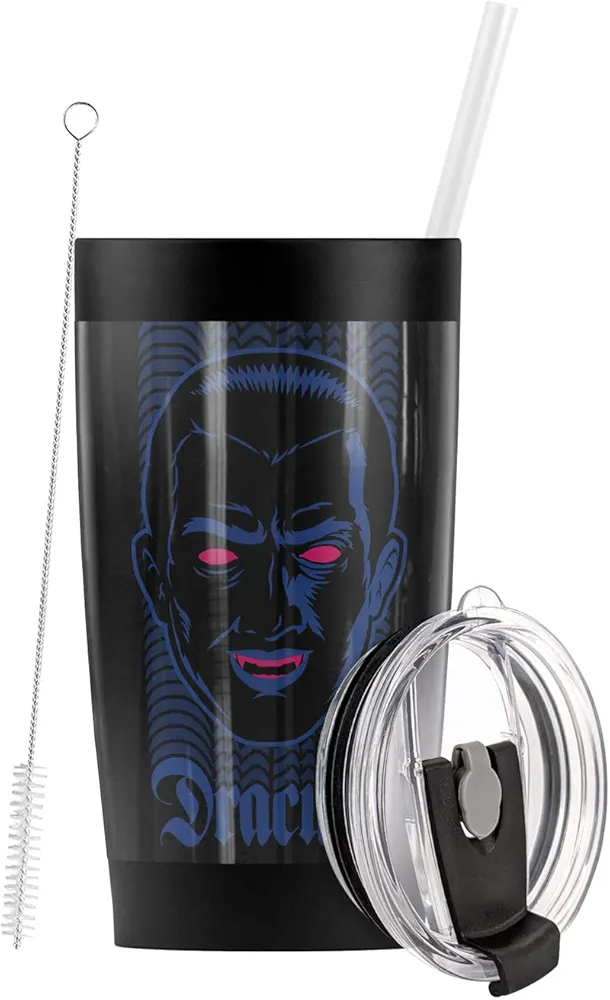 Logovision Universal Monsters Dracula Neon Stainless Steel Tumbler with Straw and Flip Lid 20 oz Travel Mug/Cup, Vacuum Insulated & Double Wall with Leakproof Dual Lid