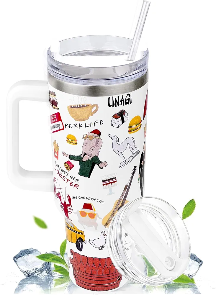40 oz Tumbler with Handle and Straw Lid,Funny TV Show Gifts,Funny TV Show Merchandise Coffee Mug Insulated Cup Reusable Stainless Steel Water Bottle Travel Mug for Home Office Travel (White)
