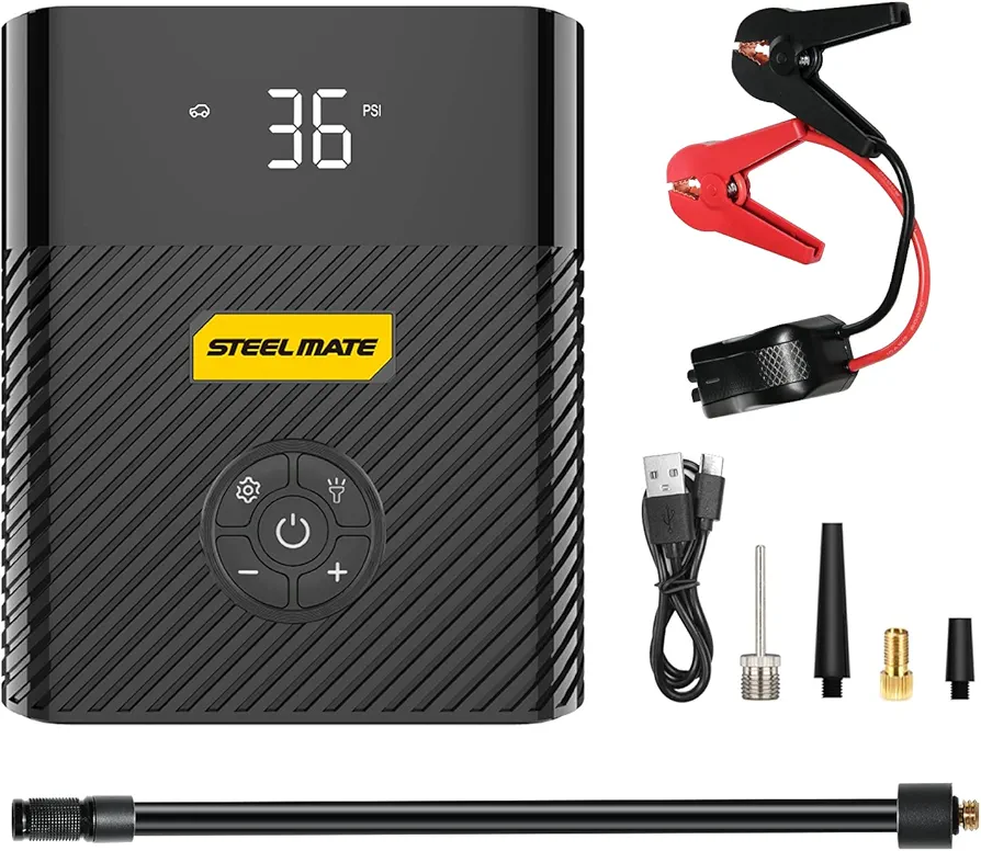 STEEL MATE Air Compressor Portable Mini Inflator Electric Tire Pump 8800mAh with Digital LCD LED Light DC5V/2A Power Bank Jump Starter 120PSI for Car Bicycle Tires and Other Inflatables SP1