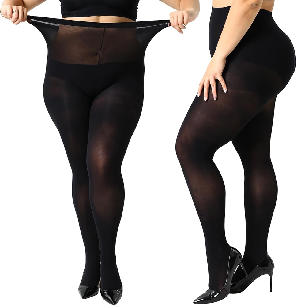 Yilanmy 2 Pairs Plus Size Tights for Women 70D Semi Opaque Control Top Pantyhose Queen Size High Waist Stockings