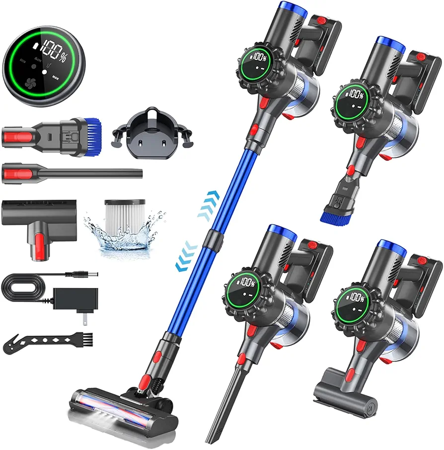 Cordless Vacuum Cleaner with Headlights, 8-in-1 Lightweight Stick Vacuum with 45mins Runtime, Powerful Suction, Rechargeable Cordless Vacuum for Carpet, Tile, Pet Hair, Hardwood Floors, Black
