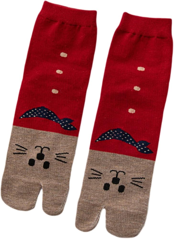 Women Cotton Split 2 Toe Kimono Crew Socks Cute for Print Flip Flop Hosiery