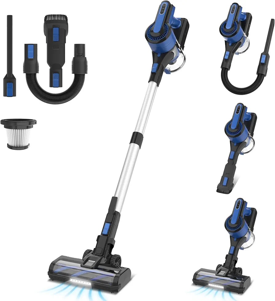 Cordless Vacuum Cleaner, 30Kpa 350W Powerful Stick Vacuum, 8 in 1 Self-Standing Rechargeable Battery Vacuum Up to 45min Runtime, Lightweight Cordless Vacuum for Pet Hair Hard Floor Carpet Home-Blue