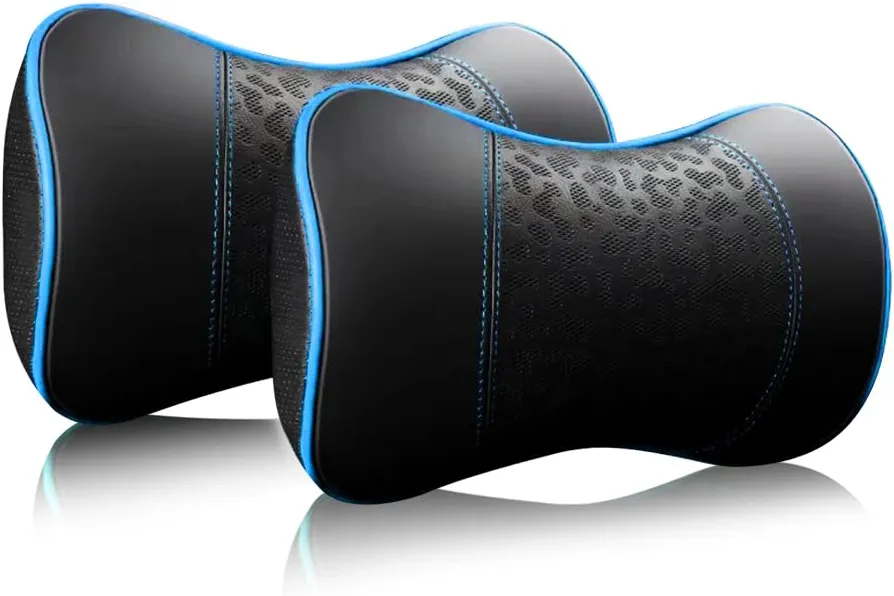Car Leather Neck Pillows, Neck Rest Cushions,100% Memory Foam Cervical Support, Comfortable Travel car Seats and Home Office Soft Pillows, Blue a Set (2 pcs