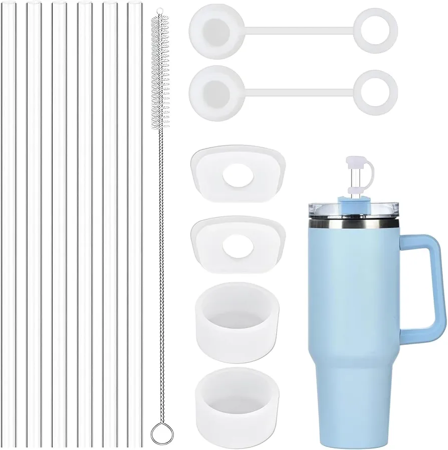 13 Pcs Replacement Straws with Straw Spill Stopper Covers for 40 oz Stanley Tumbler, 6 Pack Reusable Plastic Straws with Cleaning Brush, 4 Leak Proof Plug, 2 Silicone Straw Covers for Stanley
