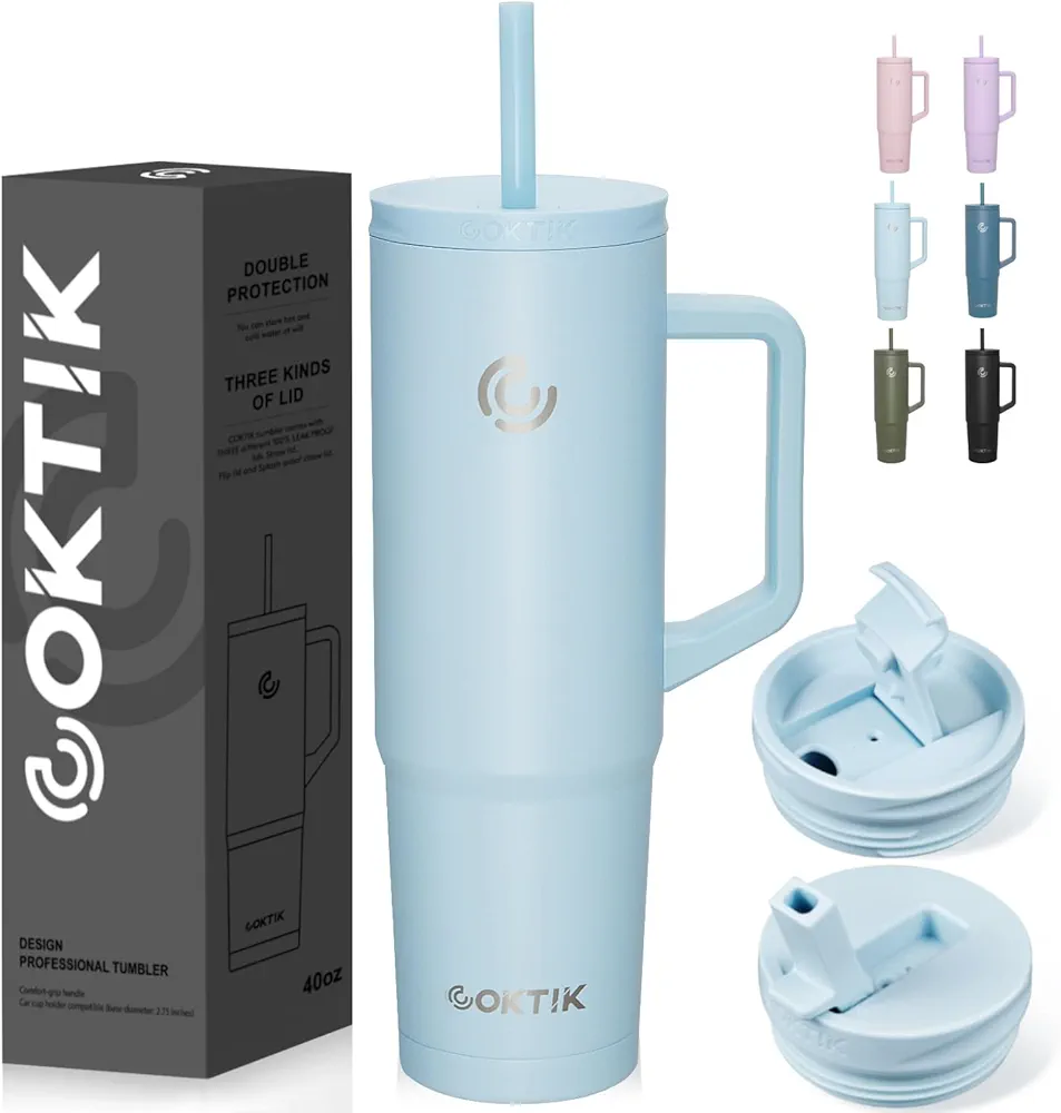 COKTIK 40 oz Tumbler with Handle and Straw, 3 Lids (Straw/Flip), Stainless Steel Vacuum Insulated Cup, 40 Ounce Travel Mug,Cupholder Friendly,Keeps Water Cold,Easy to Clean(Fog)