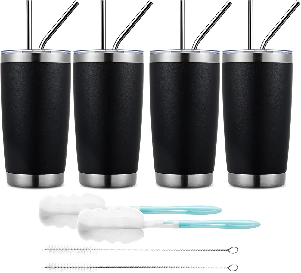 COKTIK 20oz Tumbler Cup Double Wall Vacuum Insulated Travel Mug Bulk, Stainless Steel Tumblers with Lid, Durable Powder Coated Coffee Cups for Cold & Hot Drinks (Black, 4)