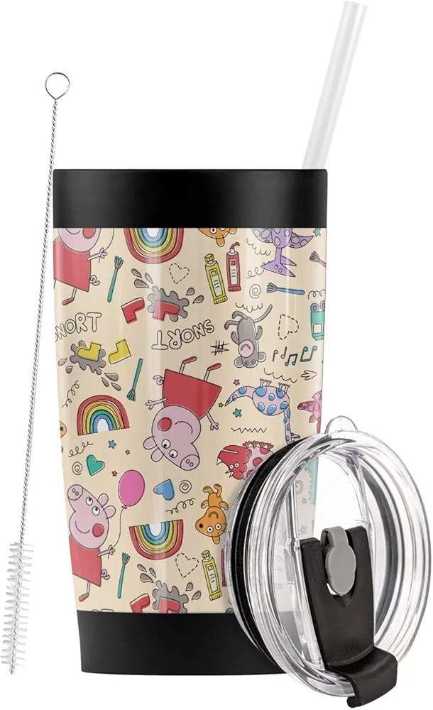 Logovision Peppa Pig OFFICIAL Peppa And Friends Pencil Pattern Stainless Steel Tumbler with Straw and Flip Lid 20 oz Travel Mug/Cup, Vacuum Insulated & Double Wall with Leakproof Dual Lid