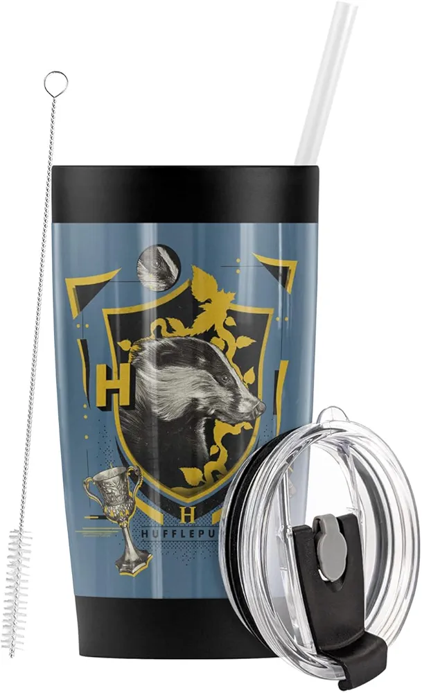 Harry Potter Hufflepuff Magicial Mischief Stainless Steel Tumbler with Straw and Flip Lid 20 oz, Vacuum Insulated & Double Wall with Leakproof Dual Lid | Great for Iced Coffee and Hot Beverage