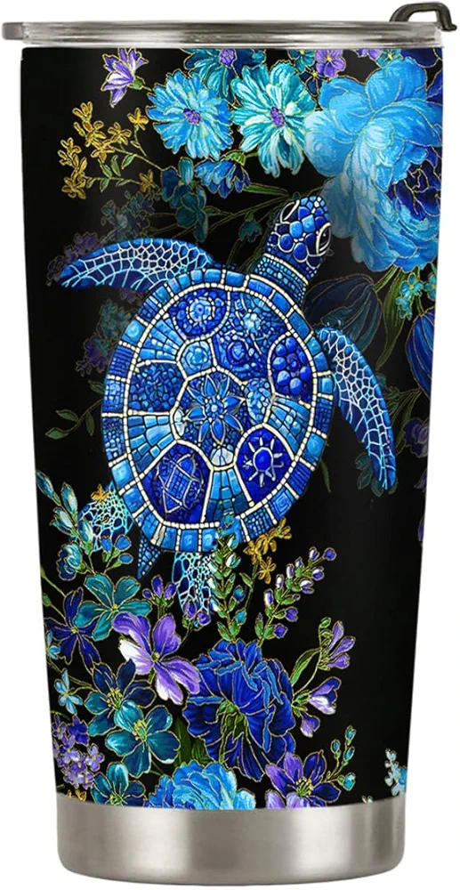 Mosaic Sea Turtle Tumbler 20oz, Beach Gifts, Ocean Gifts for Turtle Lovers, Blue Flower Mandala Sea Turtle Coffee Tumbler Cup, Stainless Steel Double Wall Vacuum Insulated Travel Coffee Mug with Lid