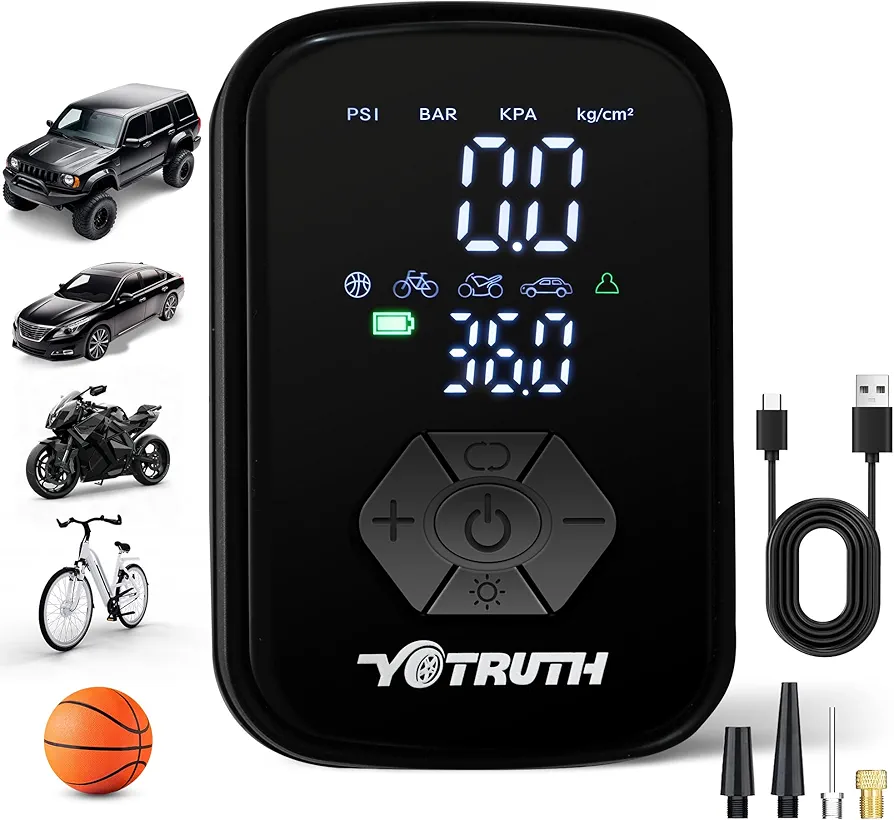 Air Compressor Portable Tire Inflator 150PSI Inflate Electric Bike Pump Digital Pressure Gauge, Fast Inflate Pump for Car, Motorcycle, Bicycle, and Ball with LED Light