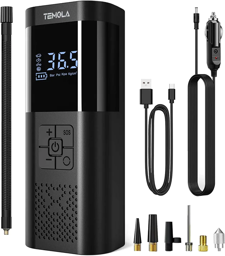 TEMOLA Tire Inflator Portable Air Compressor, Air Bike Pump for Car Tires Accessories, 150PSI Cordless Air Compressor Portable With Pressure Gauge, 12V DC Tire Pump for Women Car Motorcycle Bicycle