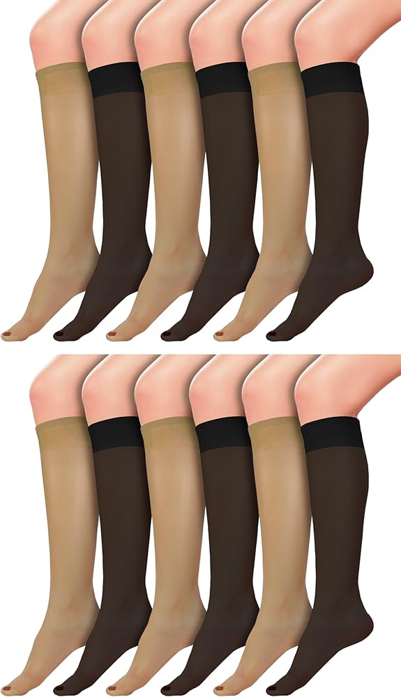 12 Pairs Sheer Knee High Stockings | 20D Premium Trouser Socks | Silky Soft Control Top