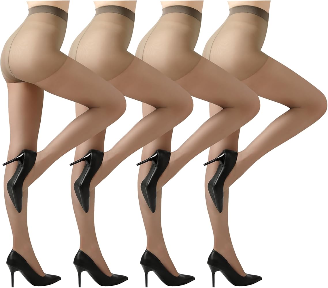 Bevigorio 4 Pairs 20D Sheer Tights for Women Silky High Waist Control Top Pantyhose Shaping Stockings
