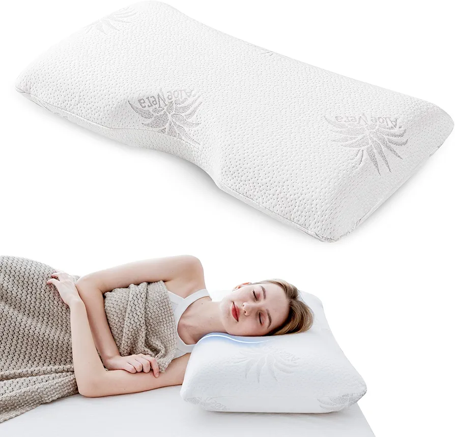 EGOHOME Side Sleeper Pillow, Cervical Pillow for Neck Pain, Aloe Vera Infused Memory Foam Pillow, Skin Friendly Neck Pillow, Medium Firm Queen Pillows, 30x16 Inches
