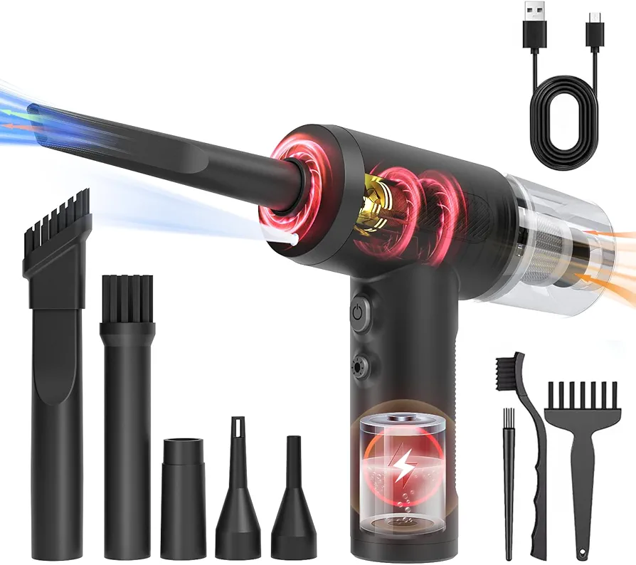Handheld Car Vacuum Cordless, 12000Pa Strong Suction 3-in-1 Compressed Air Duster & Car Vacuum Cleaner & Hand Pump, 3 Gear Adjustable Handheld Vacuum with LED Light for Car, PC and Keyboard (Black)